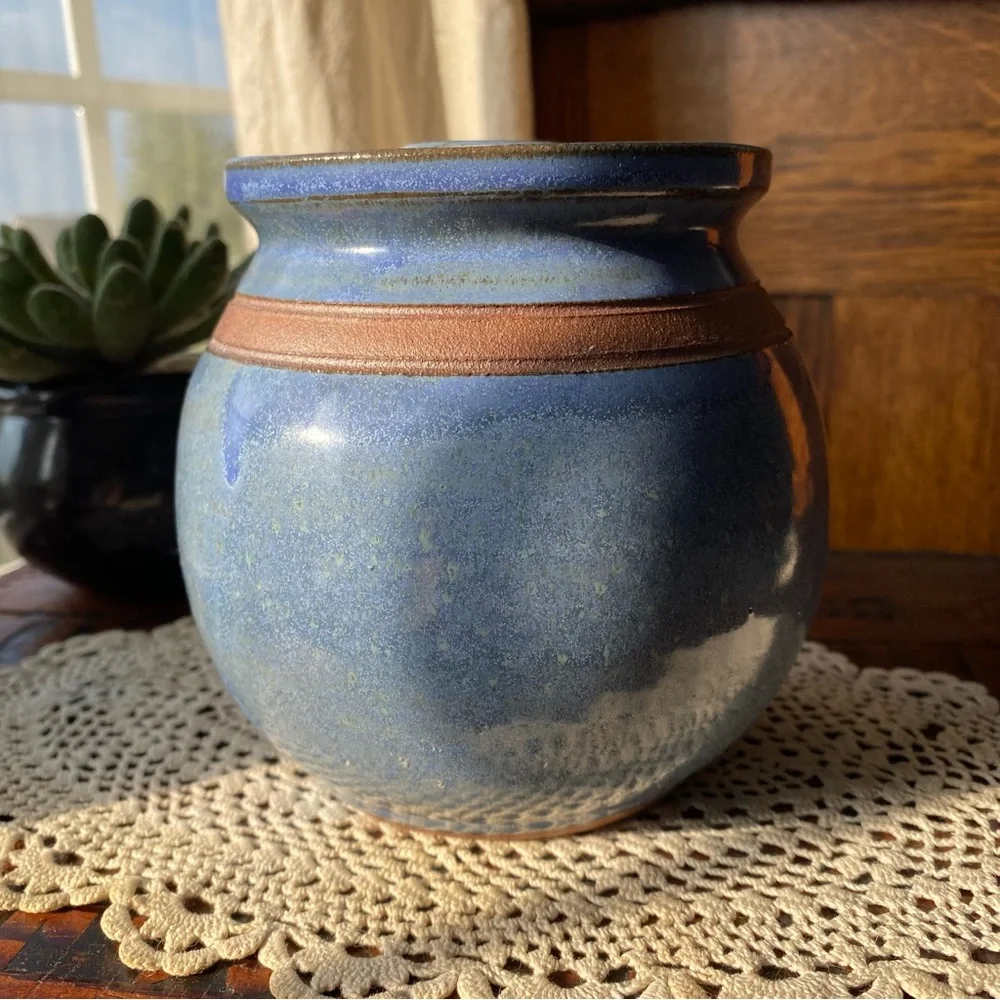 Vintage 1987 Studio Pottery Minnesota Wild Rice Blue Canister Crock Handmade EUC